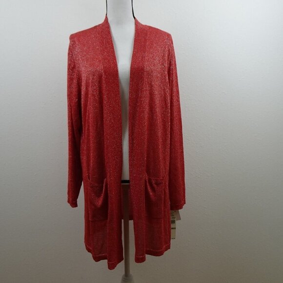 Ruby Rd Cardigan Sweater Women's Plus Size 1X Red Silver Sparkle Long Kimono - Picture 1 of 9